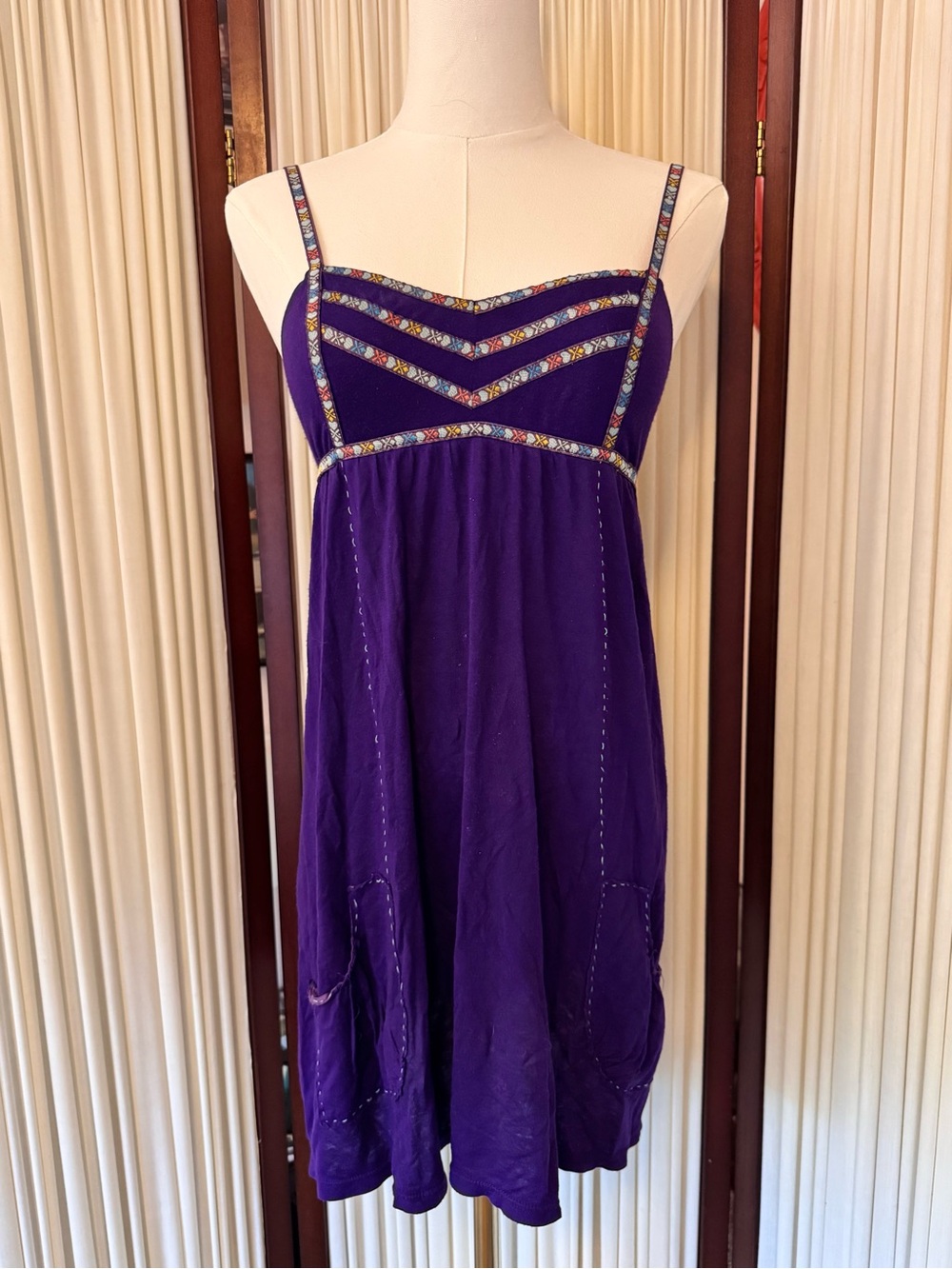 Y2K Free People Embroidered Stitch Babydoll Mini Dress Purple Size XS